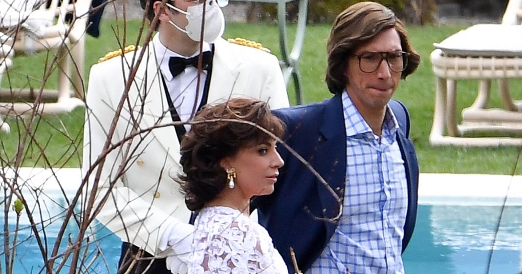 Adam Driver, Lady Gaga, and Jared Leto on House of Gucci Set