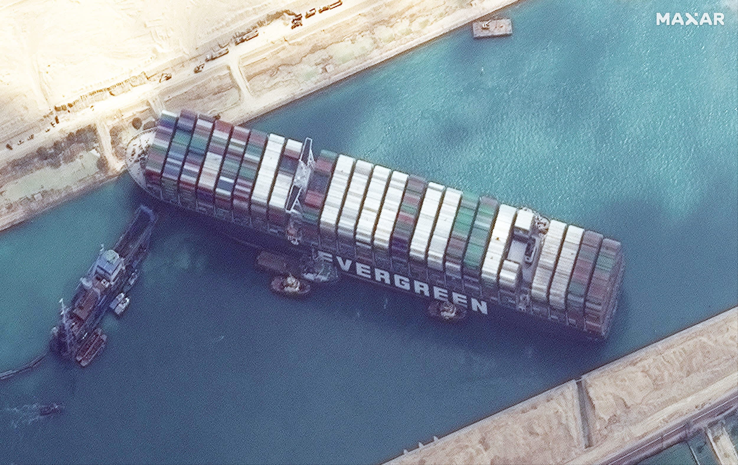 Satellite images of ship Ever Given in Suez Canal shows work underway
