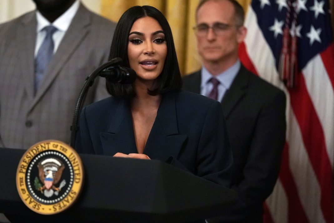 WASHINGTON, DC - JUNE 13: Kim Kardashian West speaks during an East Room event on 